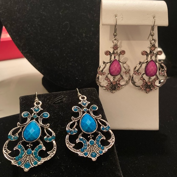 Chandelier earrings in rich Blue OR Pink. Stones and crystals. Hook earrings